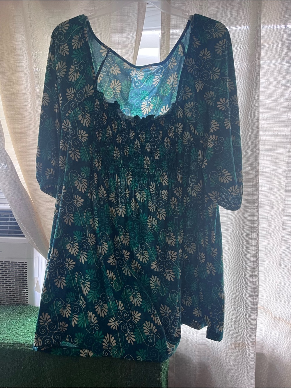 Green Floral Smocked Tunic Top